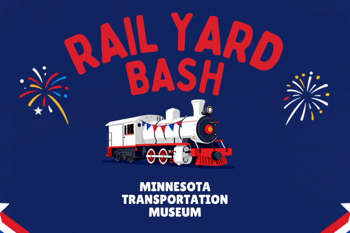 Illustration of a train with fireworks, titled 'Rail Yard Bash' for Minnesota Transportation Museum.