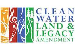 Logo with nature, music, and recreation icons, text: CLEAN WATER LAND & LEGACY AMENDMENT.