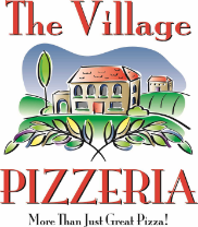 Logo of The Village Pizzeria with an illustrated villa and olive branches.